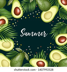 Summer Background with Palm leaves and Avocado. Vector Avocado Frame. Lettering Summer.