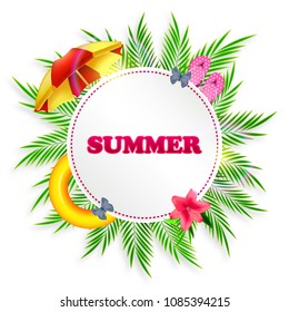 Summer background with palm leaves, beach umbrella and slippers