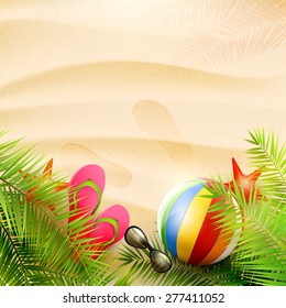 Summer background with with palm leaves, beach ball, sunglasses and flip-flops on the beach - vector background