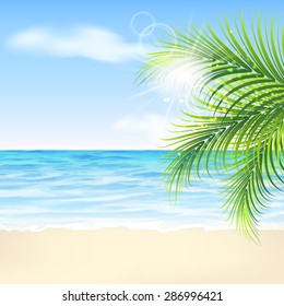 Summer background with palm leaves, beach and sea 