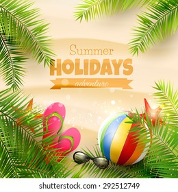 Summer background with with palm leaves, beach ball, sunglasses and flip-flops on the beach - vector background

