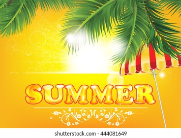 Summer background with palm leaves and beach umbrella (parasol). 