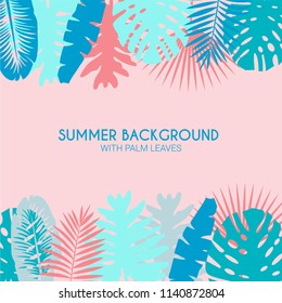 Summer background with palm leaves. Flat tropical background with different palm leaves.