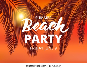 Summer background with palm leaves and lettering. EPS10 vector illustration. 