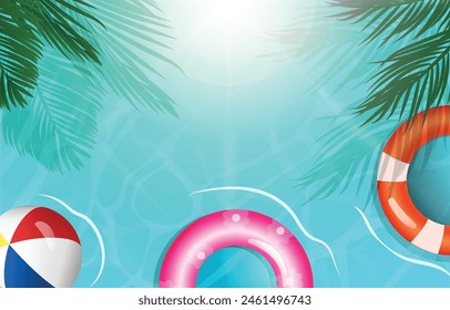 Summer background with palm leaves, lifebuoy and inflatable ring