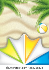 Summer background with palm leaves, parasol and beach ball on the beach - vector background