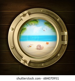 Summer background with palm shells and starfish on beach in ship porthole on wood texture vector illustration