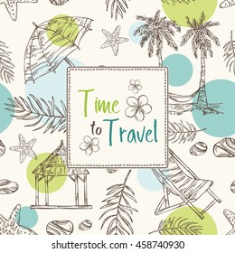 Summer background with palm, starfish, seashell . hand drawn