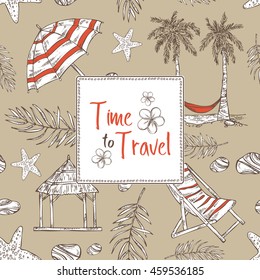 Summer background with palm, starfish, seashell . hand drawn