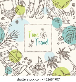 Summer background with palm, starfish, seashell . hand drawn