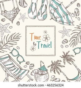 Summer background with palm, starfish, seashell . hand drawn