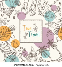 Summer background with palm, starfish, seashell . hand drawn