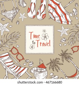Summer background with palm, starfish, seashell . hand drawn