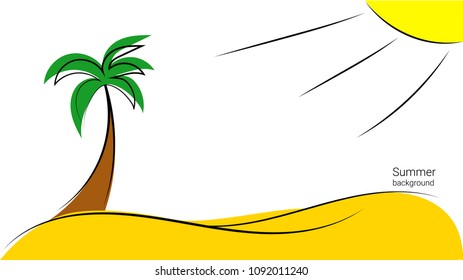 Summer background with palm, sun and beach sand. Vector illustration