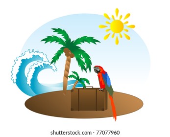 Summer background with palm tree and red parrot