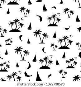 Summer background. Palm tree, ship, fish-dolphin, sea seamless pattern. Beautiful seamless island pattern on white background. Landscape with palm trees and ocean