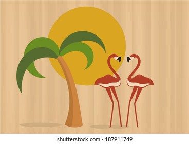 summer background - palm tree, sun and two flamingos