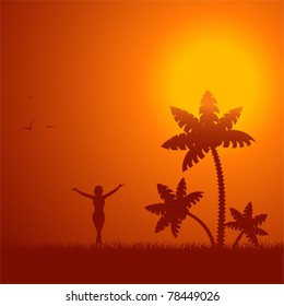 Summer background with palm tree and young girl, element for design, vector illustration