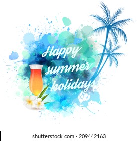 Summer background with palm trees and cocktail glass on abstract watercolor splash