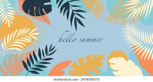 summer background with palm trees. Summer horizontally banner with palm leaves. Colorful summer background banner design. Horizontal poster, greeting card, header for website. 