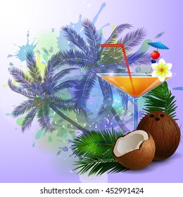 Summer background with palm trees and juice