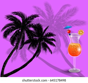 Summer background with palm trees and juice
