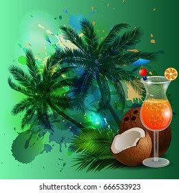 Summer background with palm trees and juice