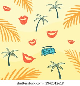 Summer background. Palm trees on the sand. Blue surf bus. Red lips on the sand