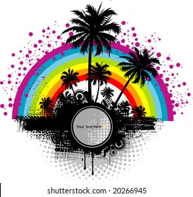 Summer background with palm trees and rainbow
