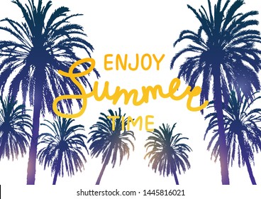 Summer background with palm trees silhouettes on white