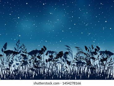 Summer background with palm trees silhouettes on night starry sky