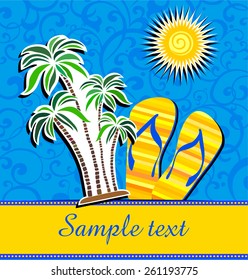 Summer background with palm trees, sun and place for your text. Vector Illustration