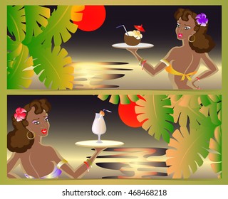 Summer background with palm trees and waitress. EPS10 vector illustration