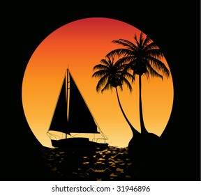 Summer background with palm trees and a yacht on the ocean