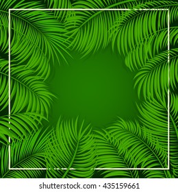 Summer background with palms, frame from palm leaves on green background, illustration.