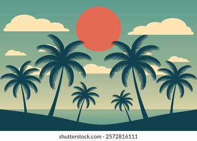 summer background with palms in retro colors flat illustration