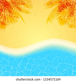 Summer background with palms shadow, beach sand and sea water