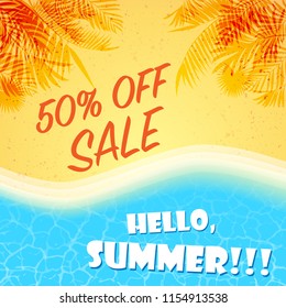 Summer background with palms shadow, beach sand and sea water