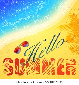 Summer background with palms shadow, beach sand and sea water
