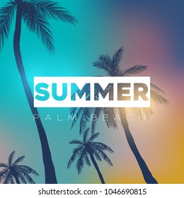 Summer background with palms, sky and sunset. Summer placard poster flyer invitation card. 