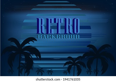 Summer background with palms and sun in retro style.Retro futuristic background 1980s style. sun glitch.  Classic 80s design vector illustration