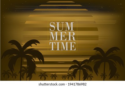 Summer background with palms and sun in retro style.Retro futuristic background 1980s style. sun glitch.  Classic 80s design vector illustration