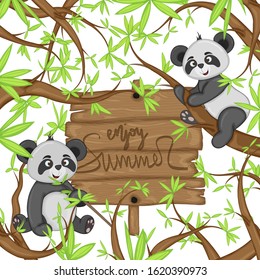 Summer background with pandas. Cartoon style. Vector illustration
