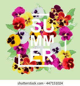 Summer background with pansy flowers, design element. Can be used for cards, scrapbooking, print, posters, flyers, textile design, banners, manufacturing. Decorative flowers in watercolor style