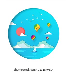 Summer Background with paper art style vector and illustration 