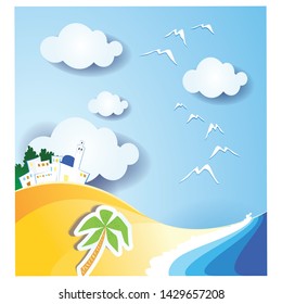 summer background. Paper craft styles with beach sand backgrounds in the summer vector