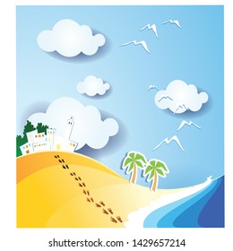 summer background. Paper craft styles with beach sand backgrounds in the summer vector