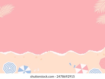 Fondo de verano. Corte de papel y artesanía de escena oceánica con sombrilla de playa y palmera.