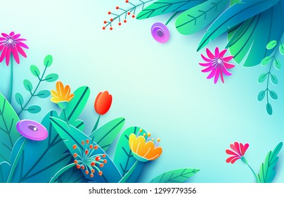 Summer background with paper cut fantasy flowers, leaves, isolated on light. Minimal 3d style floral spring backdrop. Corner composition, copy space. Bright nature origami bouquet. Vector illustration