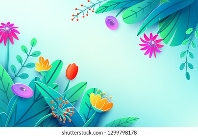 Summer background with paper cut fantasy flowers, leaves, isolated on light. Minimal 3d style floral spring concept. Corner composition, copy space. Bright nature origami bouquet. Vector illustration.